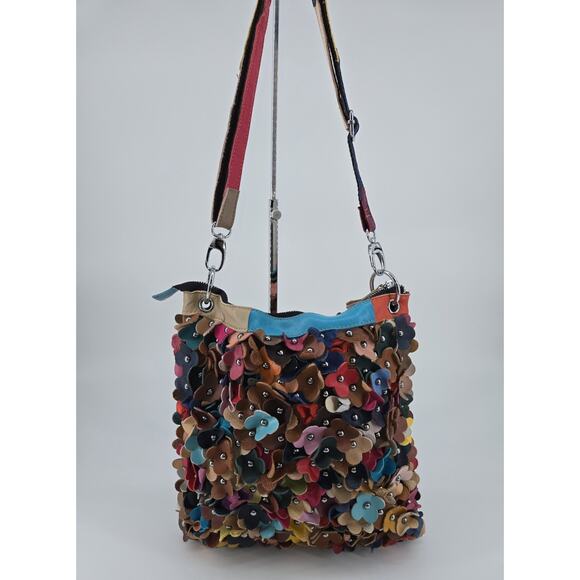 H2Z Boho 3D Flower Hippie Leather MultiColor Studded Crossbody Purse Colorful - Picture 6 of 15